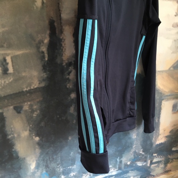 Adidas Women's Climalite Zip Up Jacket Navy Light Blue Stripes Lightweight Sz S - Picture 3 of 9